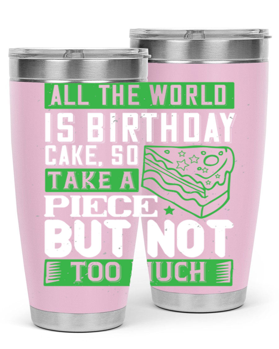 A stylish 20oz and 30oz stainless steel tumbler with a whimsical birthday cake design, showcasing its double wall vacuum insulation and drink-thru lid.