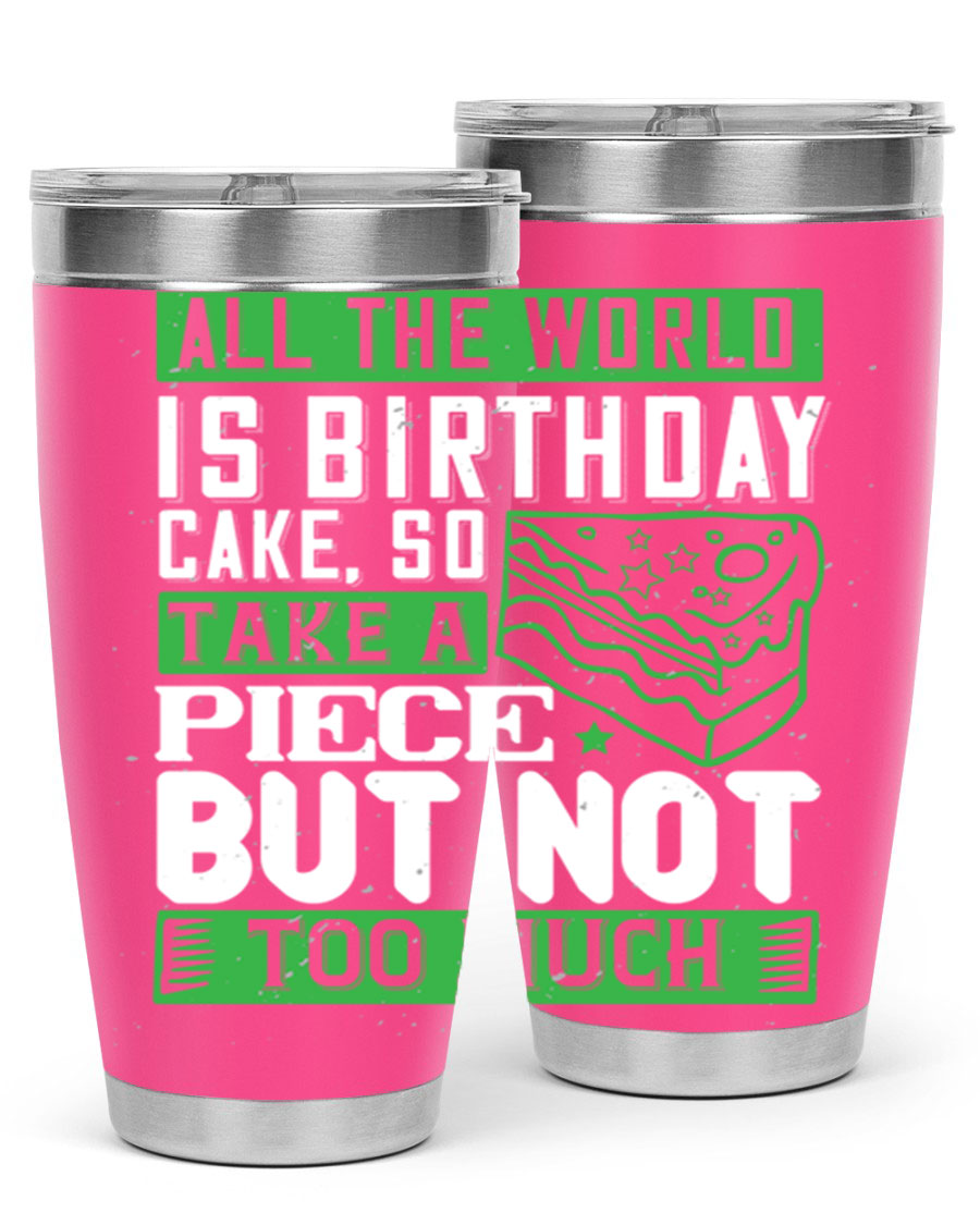 A stylish 20oz and 30oz stainless steel tumbler with a whimsical birthday cake design, showcasing its double wall vacuum insulation and drink-thru lid.