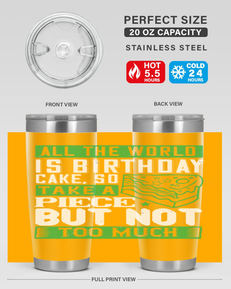 A stylish 20oz and 30oz stainless steel tumbler with a whimsical birthday cake design, showcasing its double wall vacuum insulation and drink-thru lid.