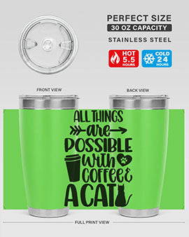 All Things Are Possible Style 74# cat tumbler in stainless steel with a vibrant design, showcasing its double wall vacuum insulation.