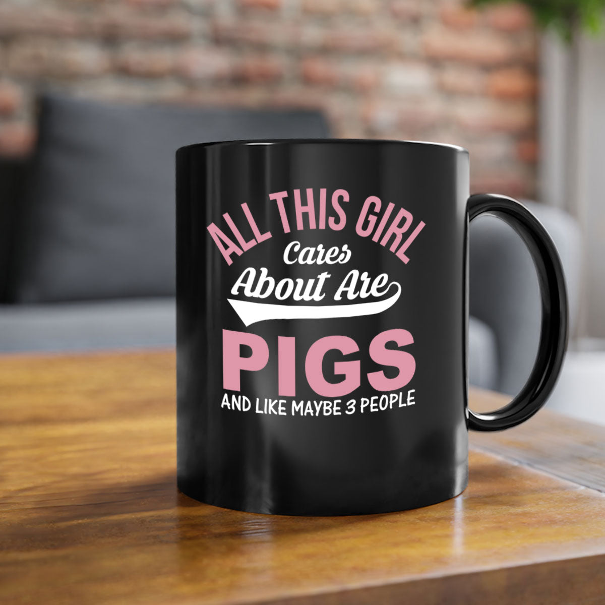 Two-tone ceramic mug with a colorful handle and interior, featuring the phrase 'All This Girl Cares About Are Pigs and Like Maybe People'.