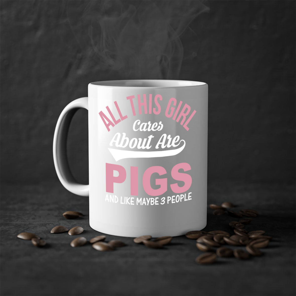 Two-tone ceramic mug with a colorful handle and interior, featuring the phrase 'All This Girl Cares About Are Pigs and Like Maybe People'.