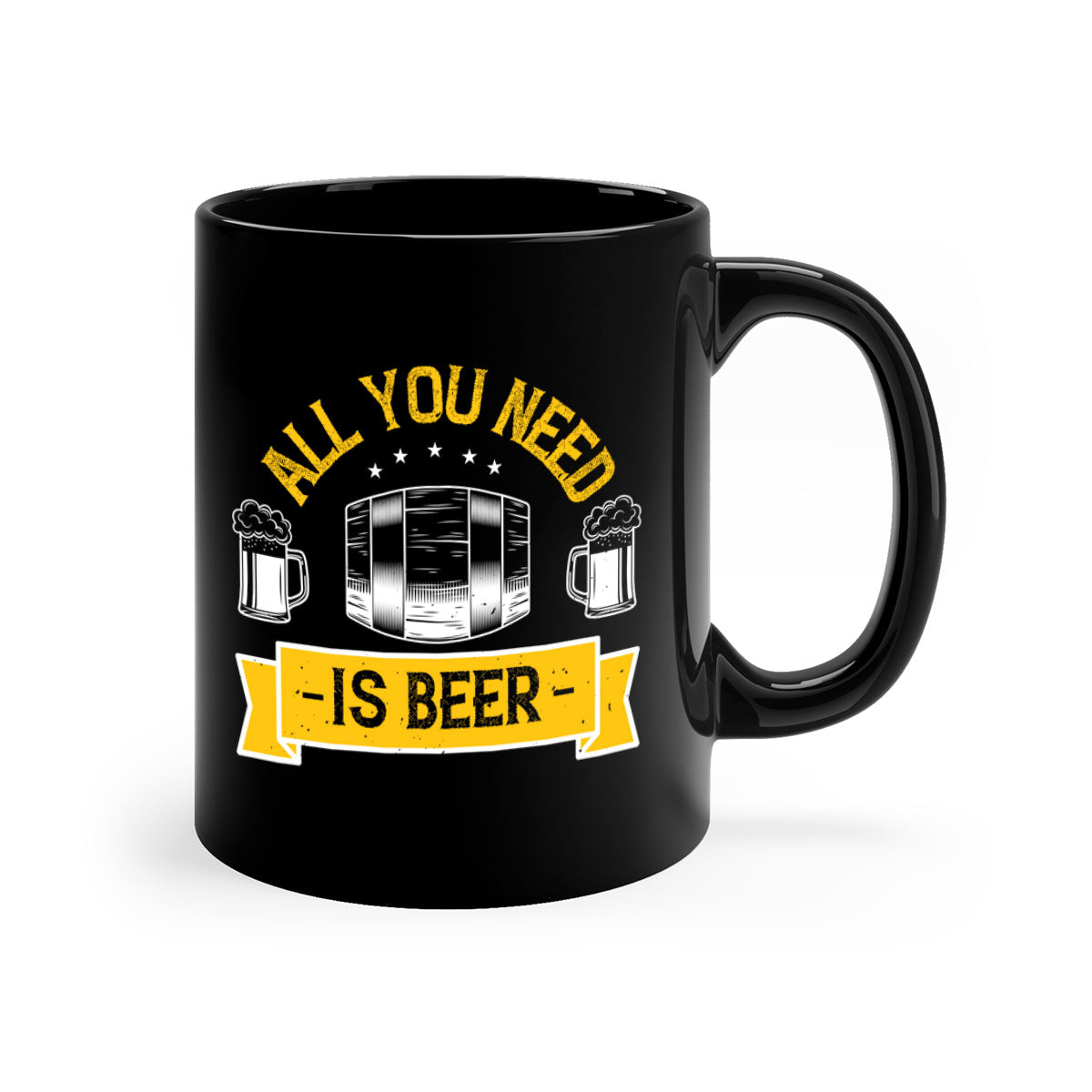 All You Need Is Beer Mug featuring a glossy finish, colored handle, and interior, available in five colors and two sizes.