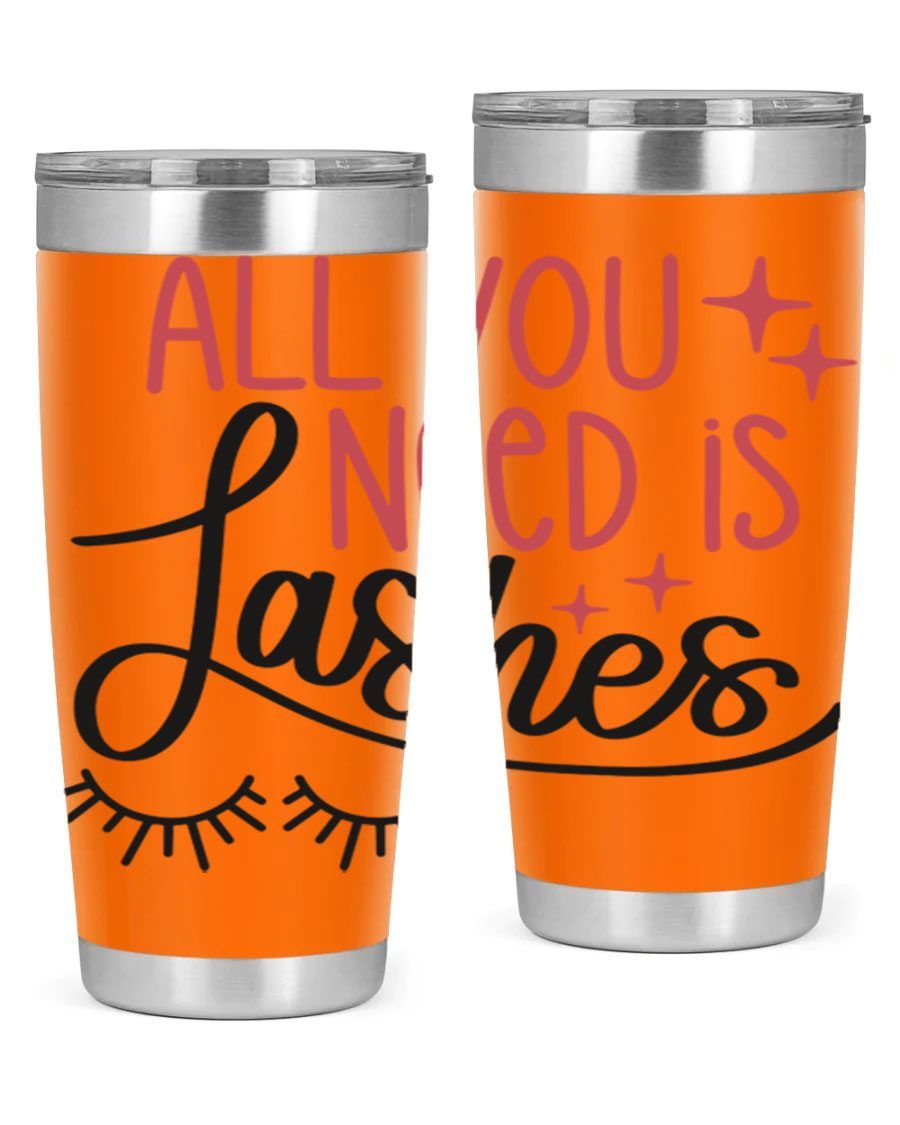 All You Need Is Lashes Style 146# tumbler in 20oz and 30oz sizes, showcasing double wall vacuum stainless steel design with a drink-thru lid.