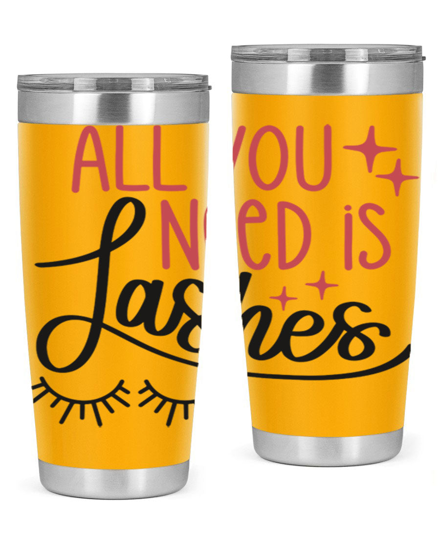 All You Need Is Lashes Style 146# tumbler in 20oz and 30oz sizes, showcasing double wall vacuum stainless steel design with a drink-thru lid.
