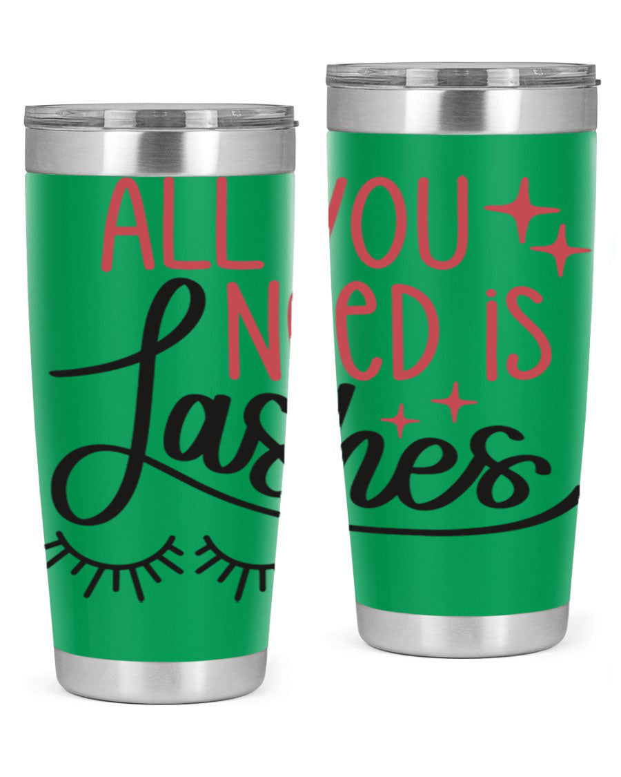 All You Need Is Lashes Style 146# tumbler in 20oz and 30oz sizes, showcasing double wall vacuum stainless steel design with a drink-thru lid.