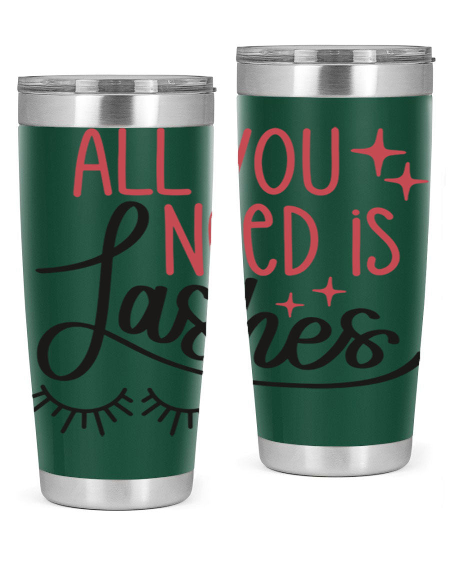 All You Need Is Lashes Style 146# tumbler in 20oz and 30oz sizes, showcasing double wall vacuum stainless steel design with a drink-thru lid.