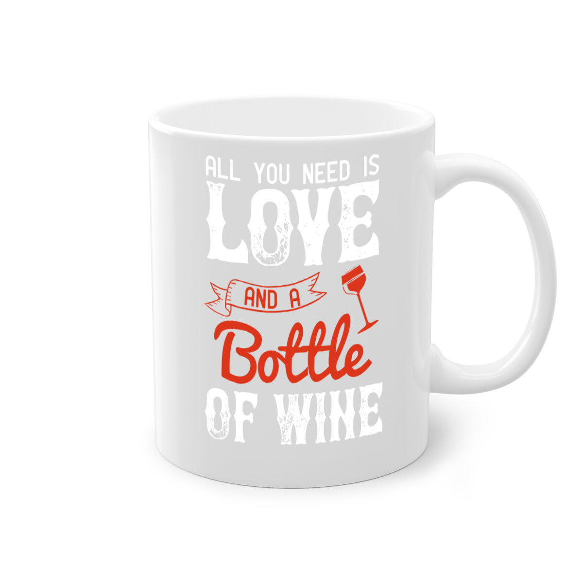 Ceramic mug with colorful handle and interior, featuring the phrase 'All You Need is Love and a Bottle of Wine'.