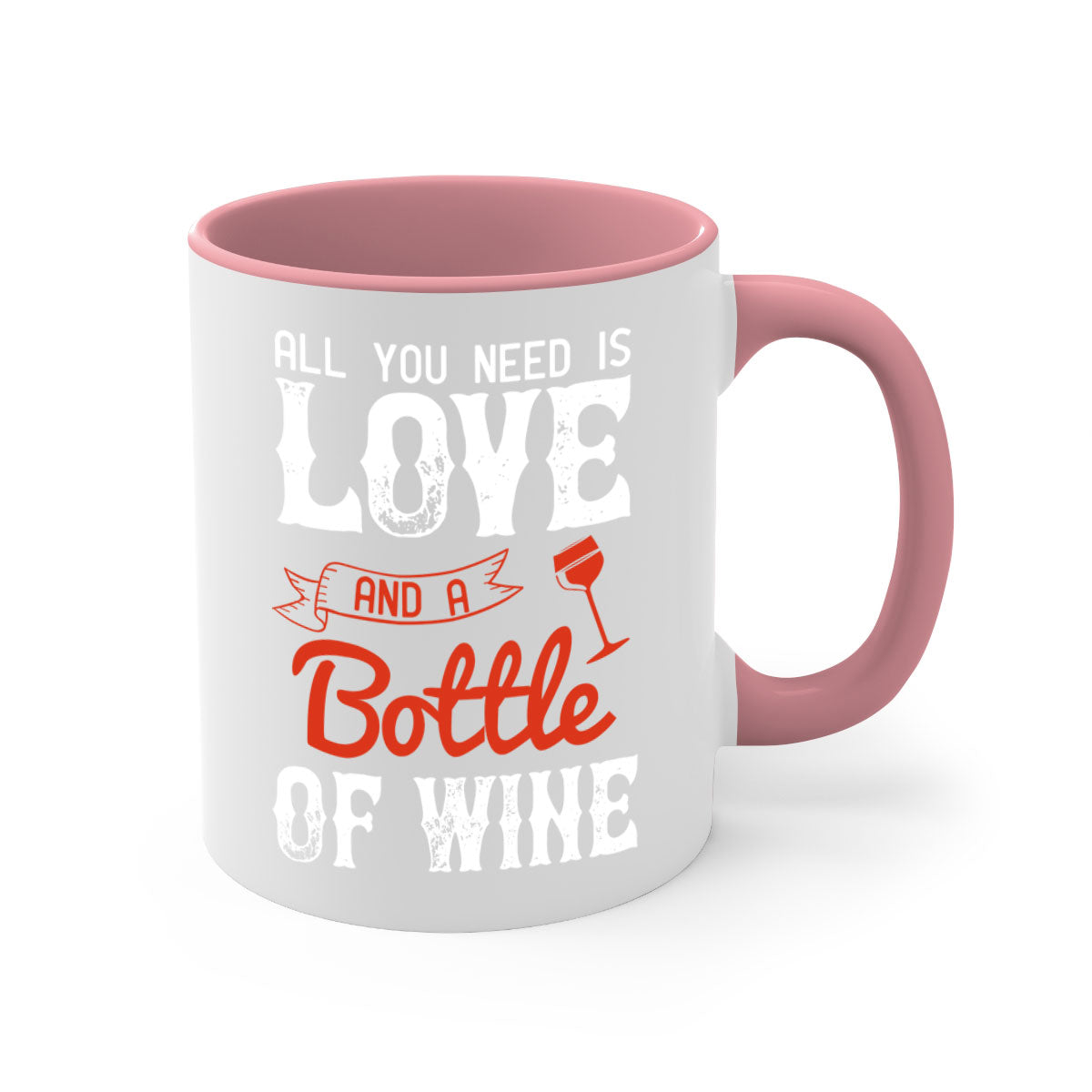 Ceramic mug with colorful handle and interior, featuring the phrase 'All You Need is Love and a Bottle of Wine'.