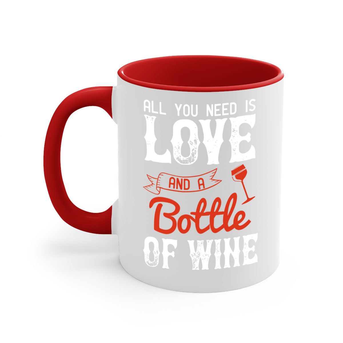 Ceramic mug with colorful handle and interior, featuring the phrase 'All You Need is Love and a Bottle of Wine'.