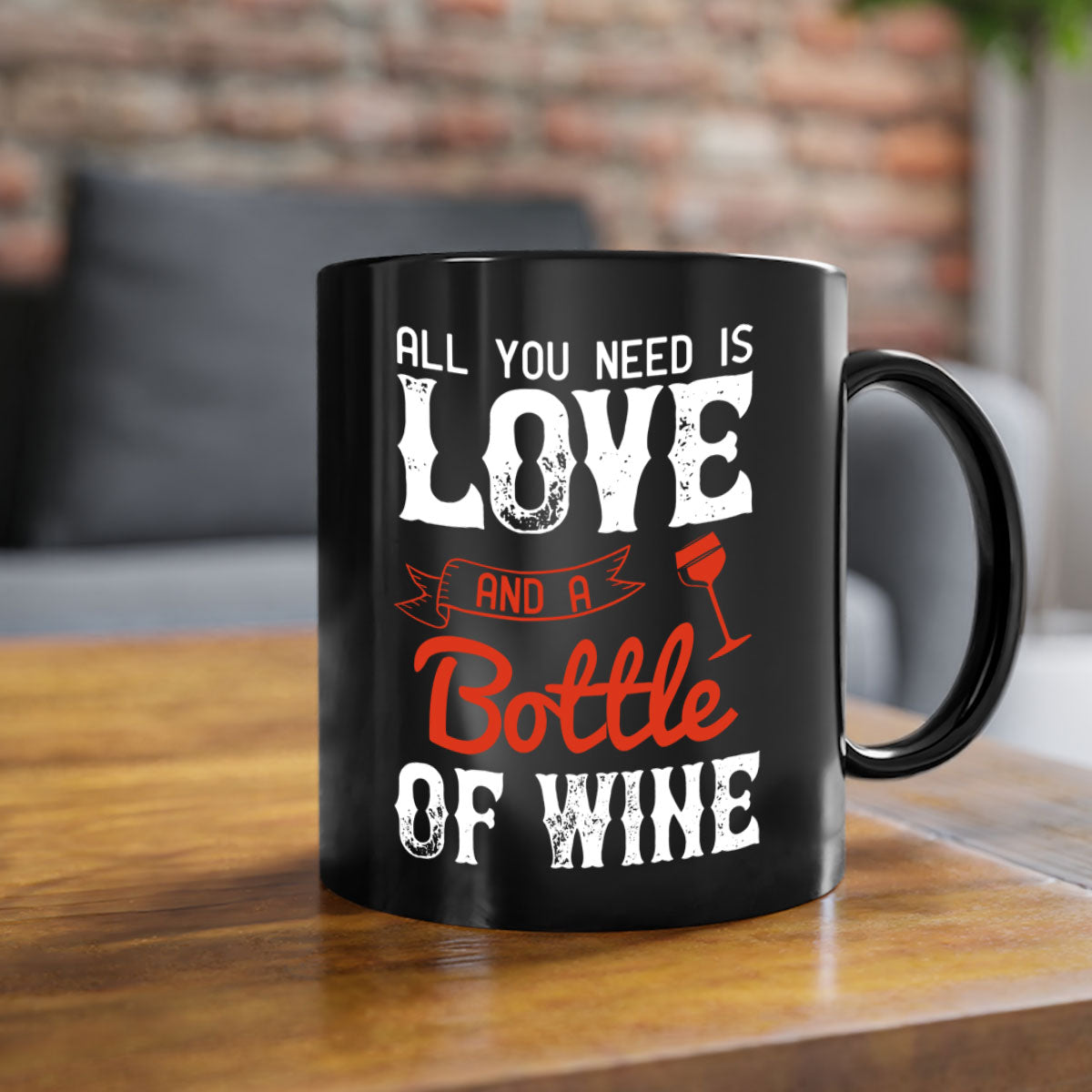 Ceramic mug with colorful handle and interior, featuring the phrase 'All You Need is Love and a Bottle of Wine'.