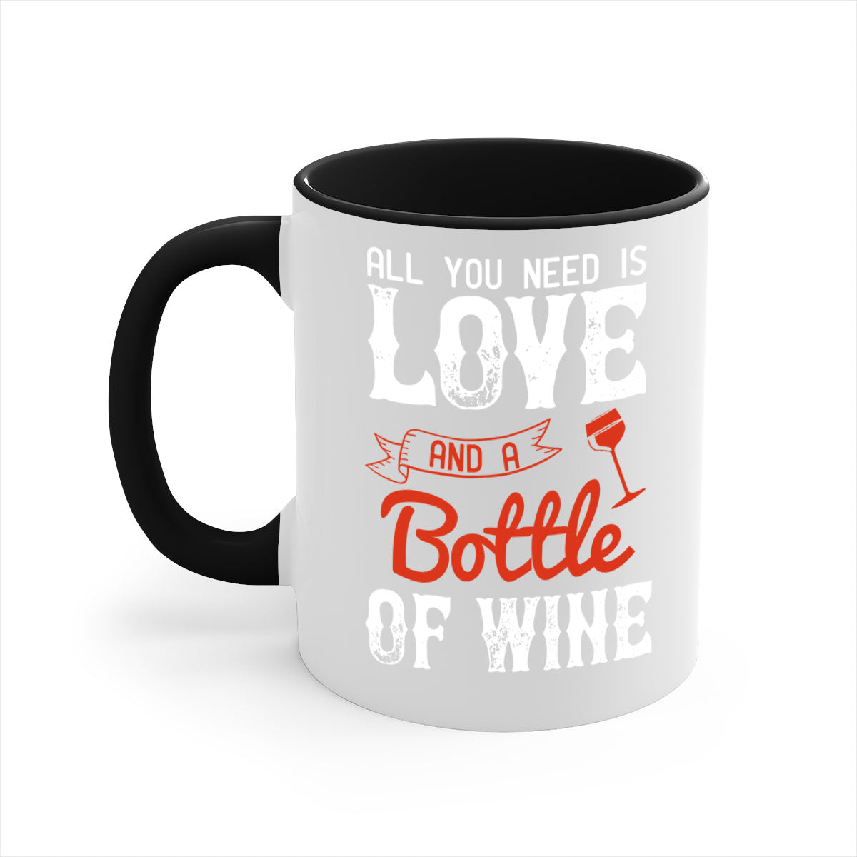 Ceramic mug with colorful handle and interior, featuring the phrase 'All You Need is Love and a Bottle of Wine'.