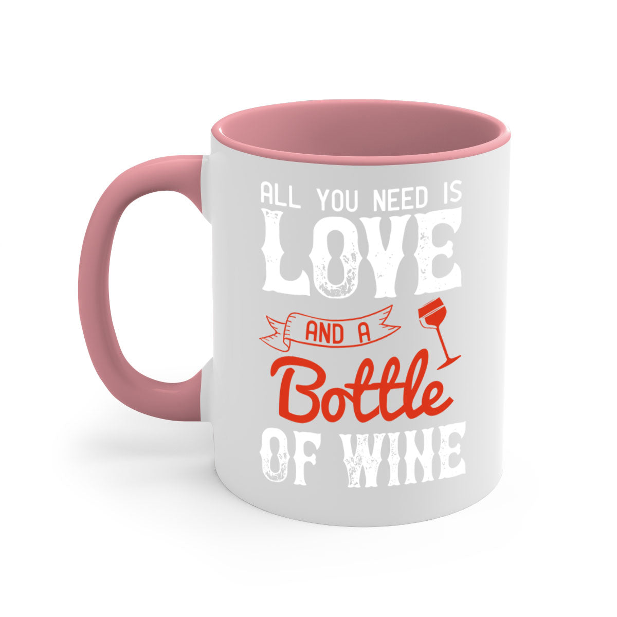 Ceramic mug with colorful handle and interior, featuring the phrase 'All You Need is Love and a Bottle of Wine'.