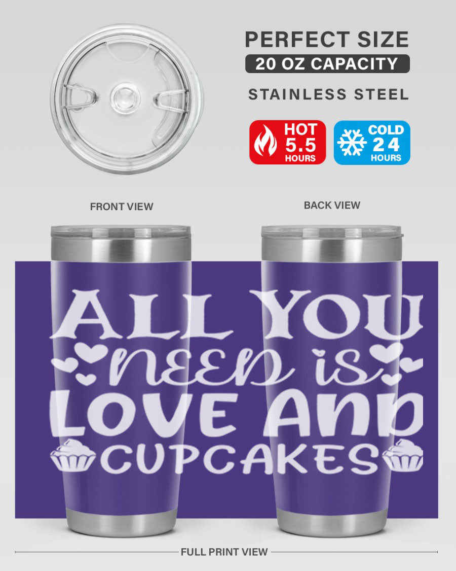 A stylish 'All You Need Is Love and Cupcakes' tumbler in stainless steel, featuring a vibrant design, perfect for hot and cold beverages.