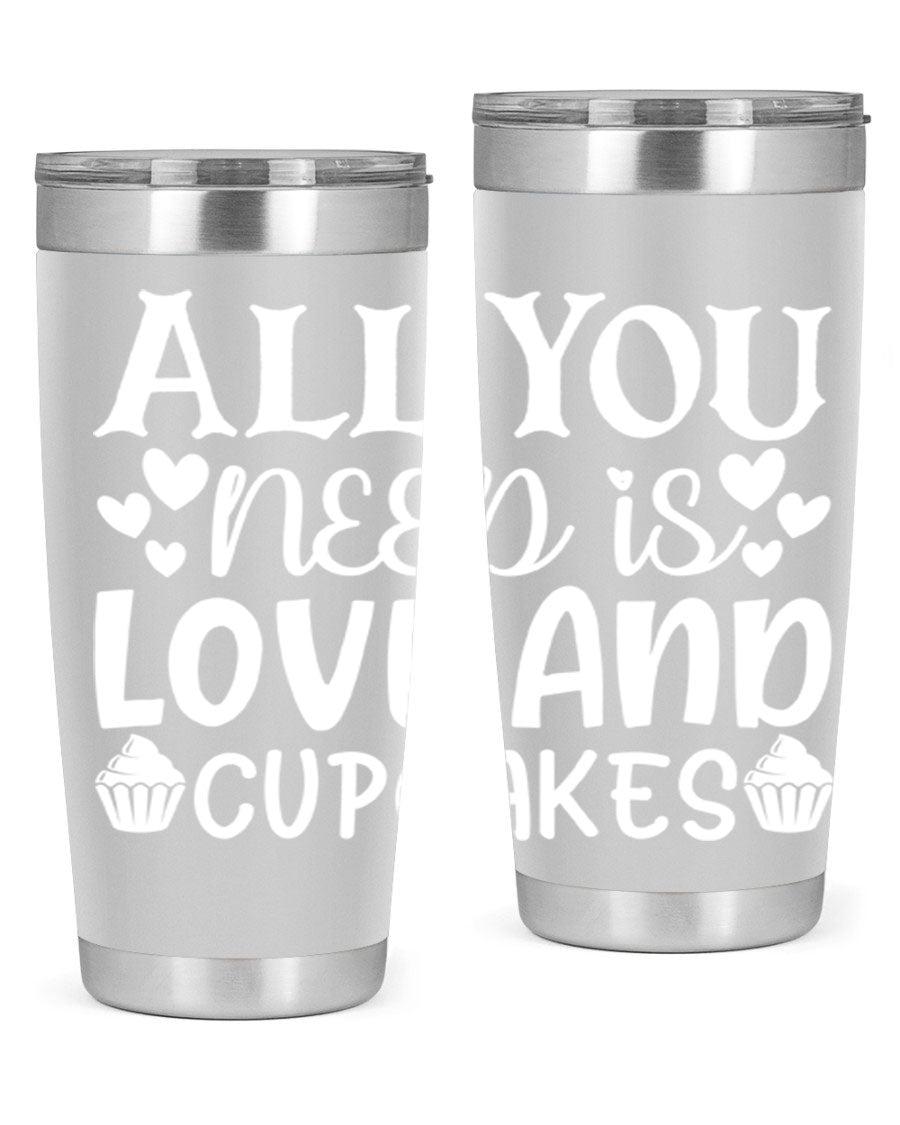 A stylish 'All You Need Is Love and Cupcakes' tumbler in stainless steel, featuring a vibrant design, perfect for hot and cold beverages.
