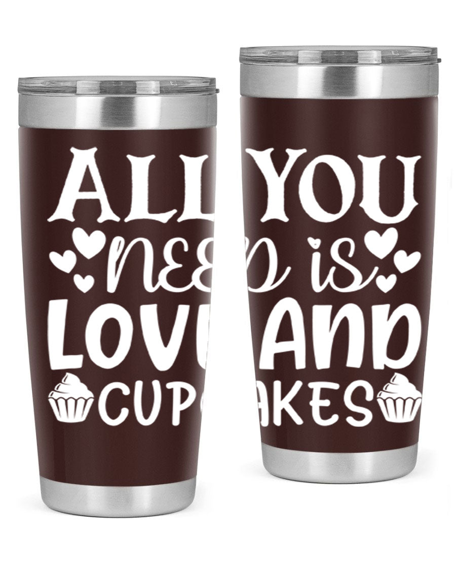 A stylish 'All You Need Is Love and Cupcakes' tumbler in stainless steel, featuring a vibrant design, perfect for hot and cold beverages.