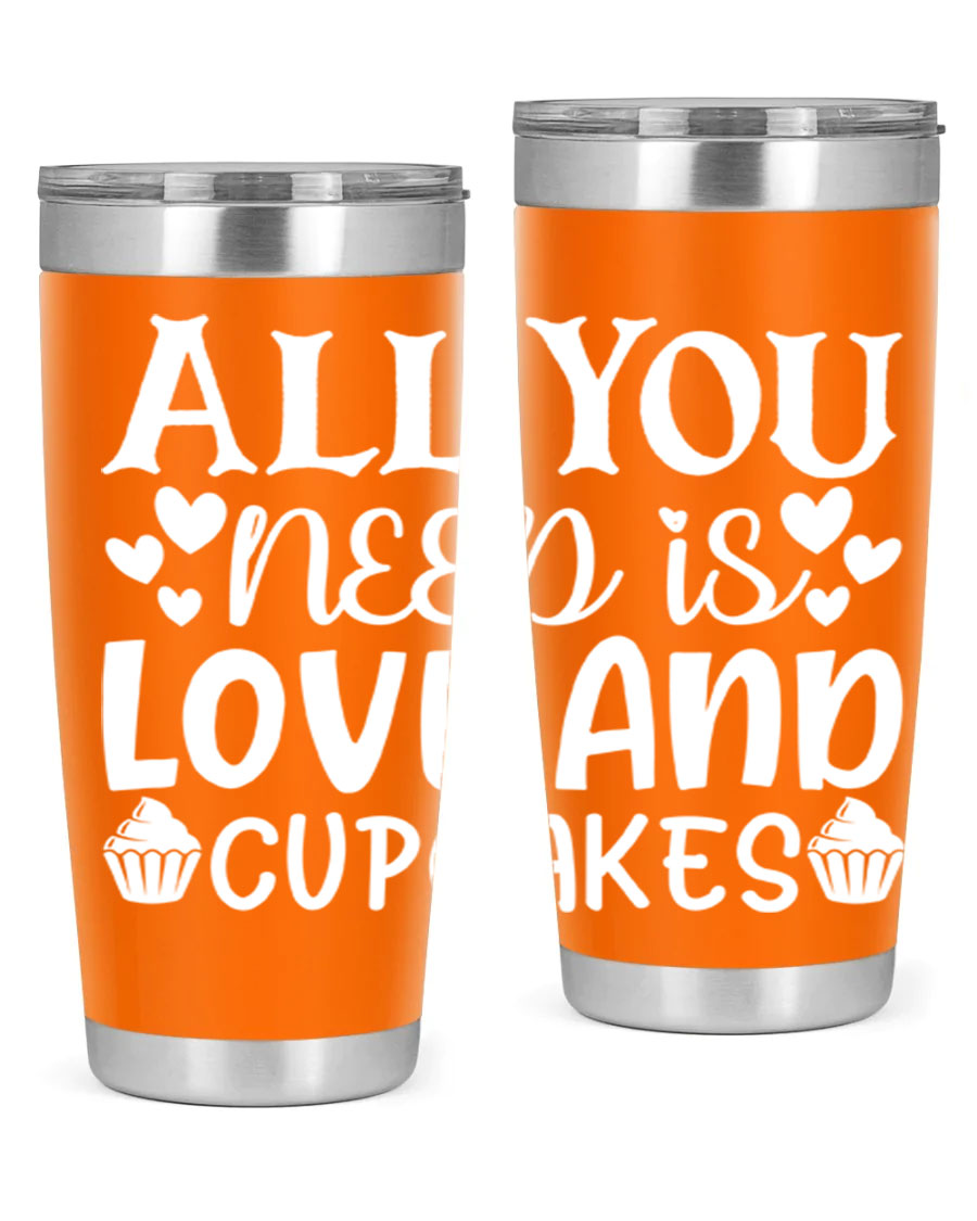 A stylish 'All You Need Is Love and Cupcakes' tumbler in stainless steel, featuring a vibrant design, perfect for hot and cold beverages.
