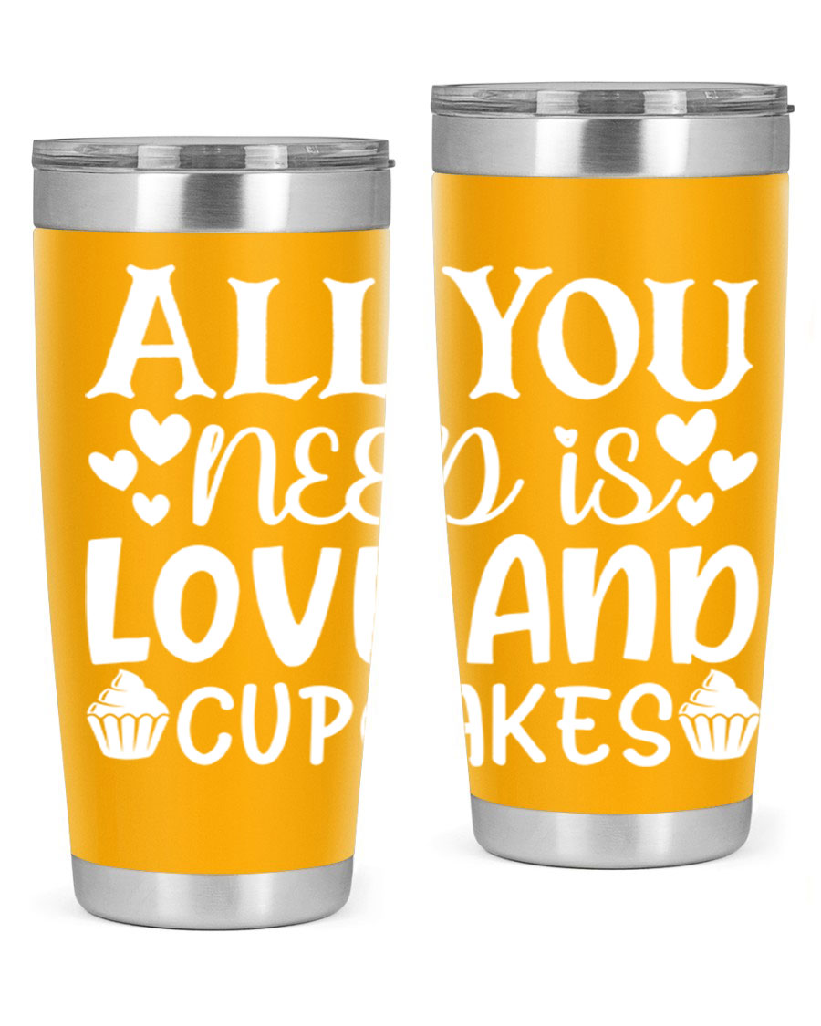 A stylish 'All You Need Is Love and Cupcakes' tumbler in stainless steel, featuring a vibrant design, perfect for hot and cold beverages.