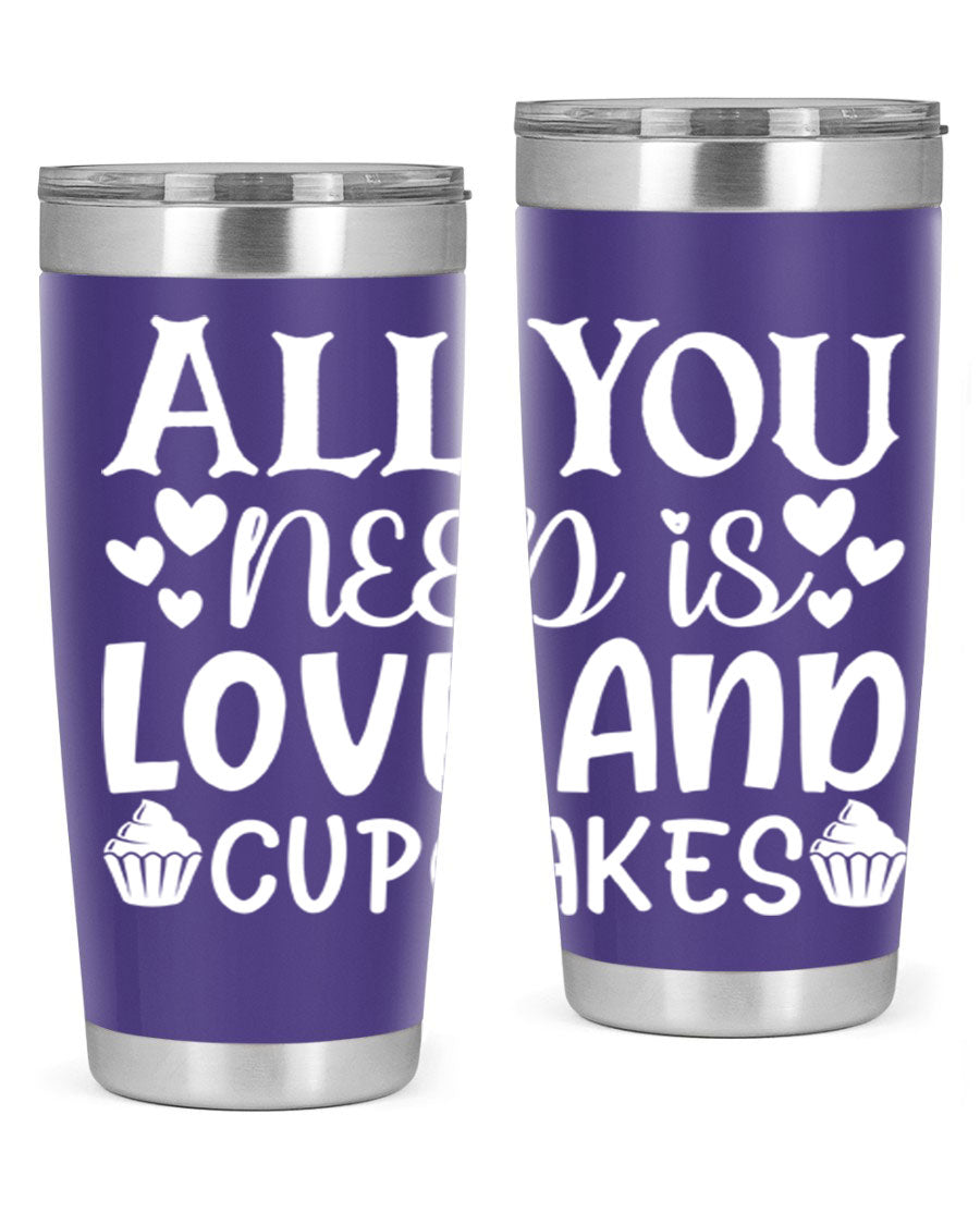 A stylish 'All You Need Is Love and Cupcakes' tumbler in stainless steel, featuring a vibrant design, perfect for hot and cold beverages.