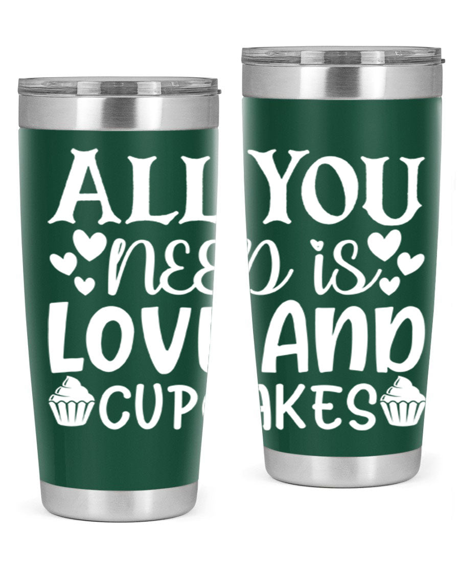 A stylish 'All You Need Is Love and Cupcakes' tumbler in stainless steel, featuring a vibrant design, perfect for hot and cold beverages.