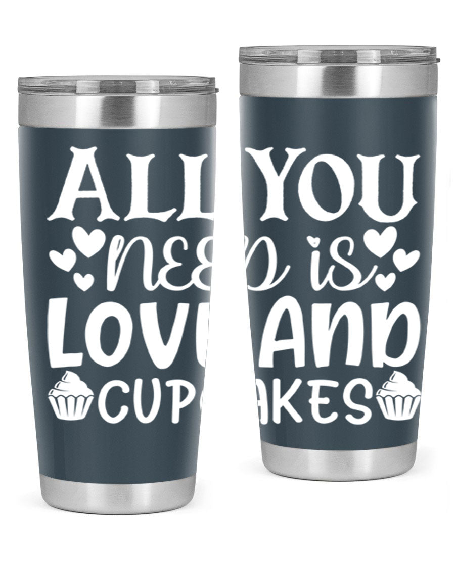 A stylish 'All You Need Is Love and Cupcakes' tumbler in stainless steel, featuring a vibrant design, perfect for hot and cold beverages.