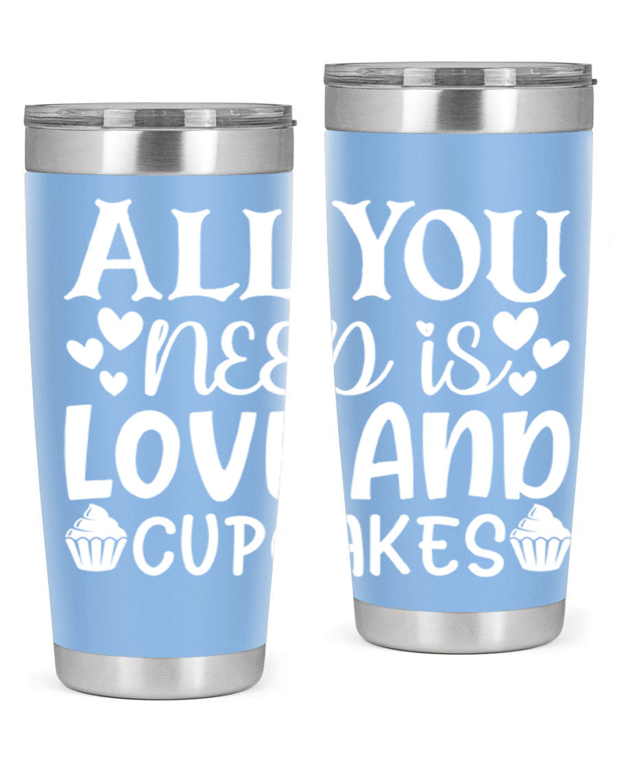A stylish 'All You Need Is Love and Cupcakes' tumbler in stainless steel, featuring a vibrant design, perfect for hot and cold beverages.