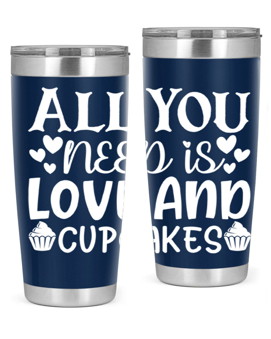 A stylish 'All You Need Is Love and Cupcakes' tumbler in stainless steel, featuring a vibrant design, perfect for hot and cold beverages.