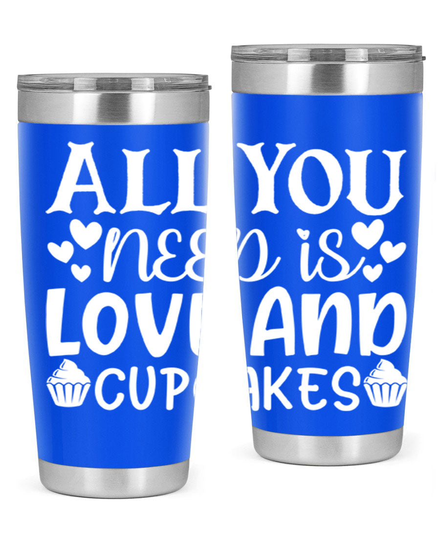 A stylish 'All You Need Is Love and Cupcakes' tumbler in stainless steel, featuring a vibrant design, perfect for hot and cold beverages.