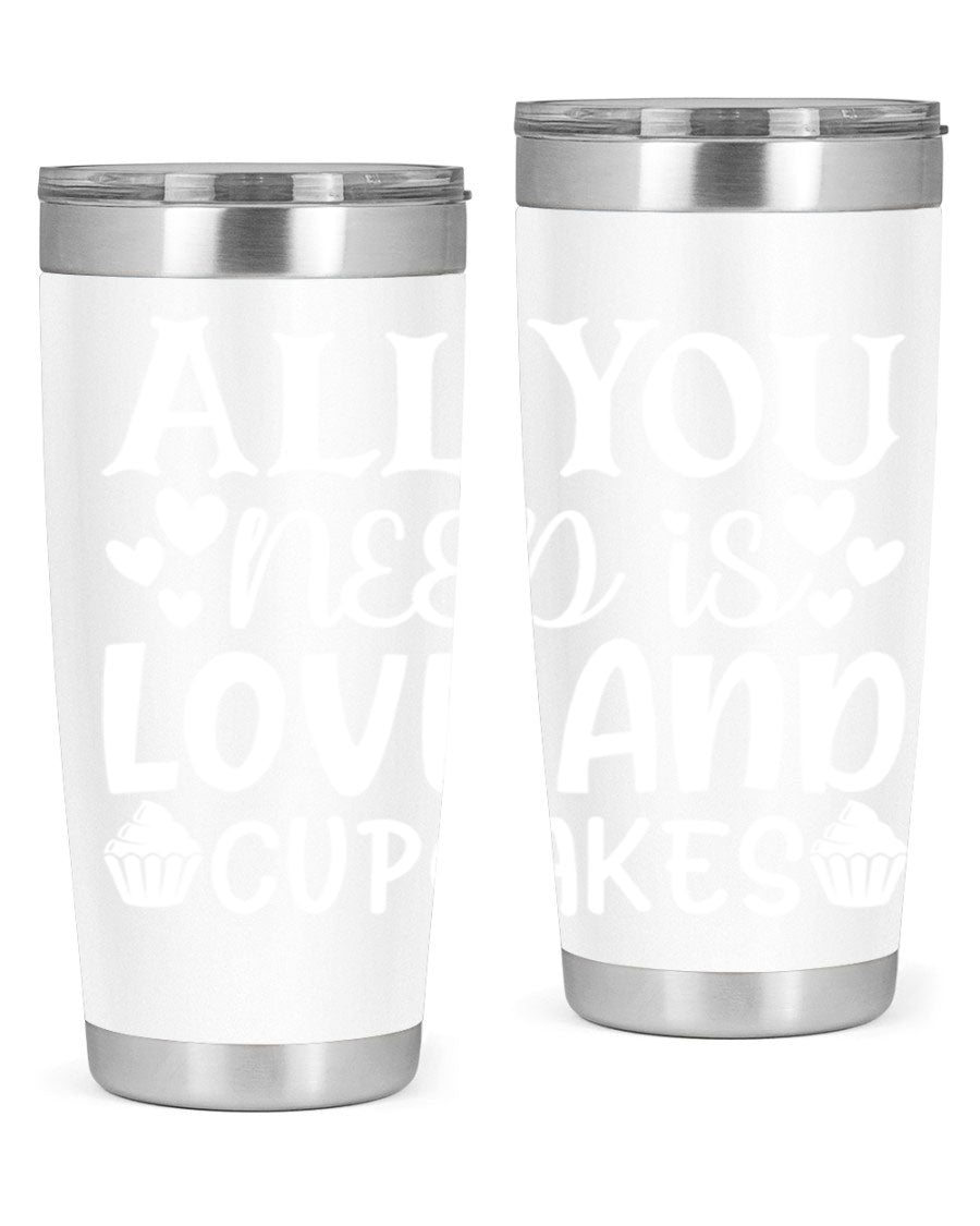 A stylish 'All You Need Is Love and Cupcakes' tumbler in stainless steel, featuring a vibrant design, perfect for hot and cold beverages.