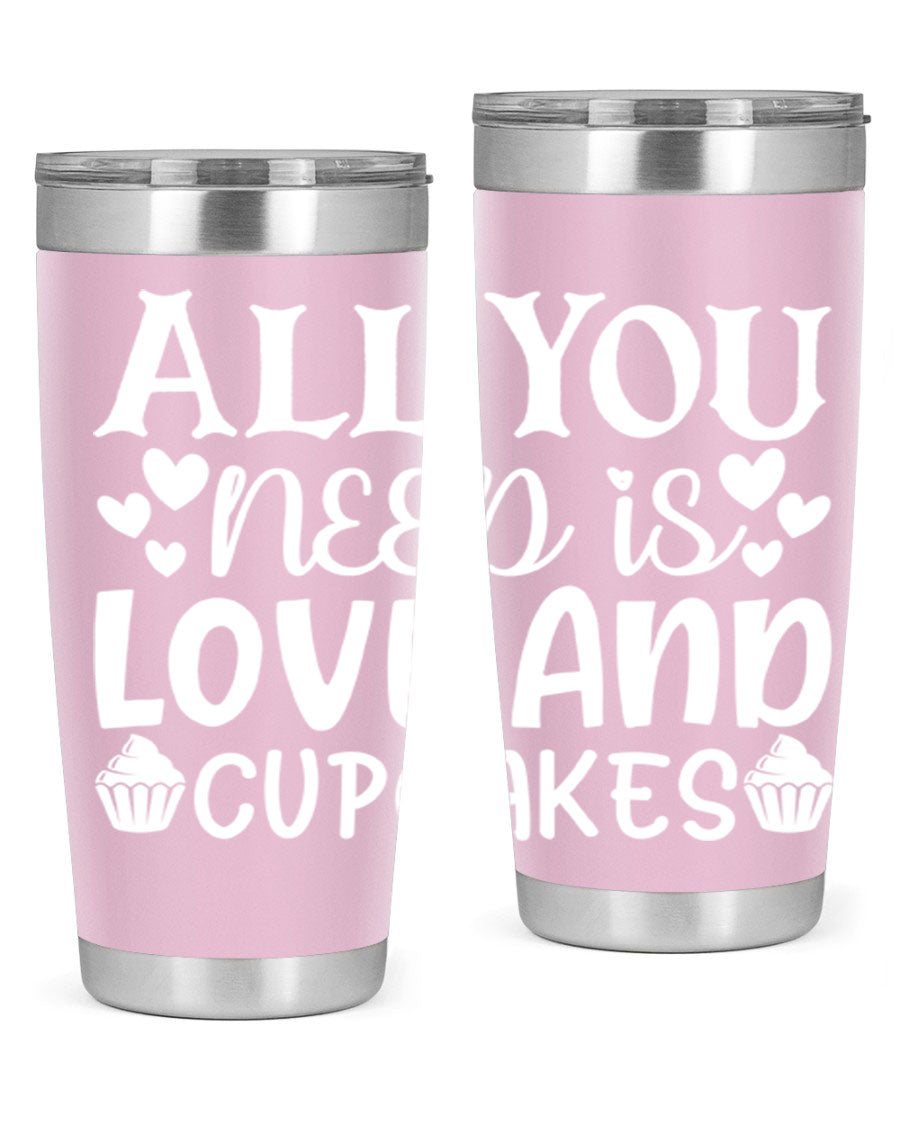 A stylish 'All You Need Is Love and Cupcakes' tumbler in stainless steel, featuring a vibrant design, perfect for hot and cold beverages.