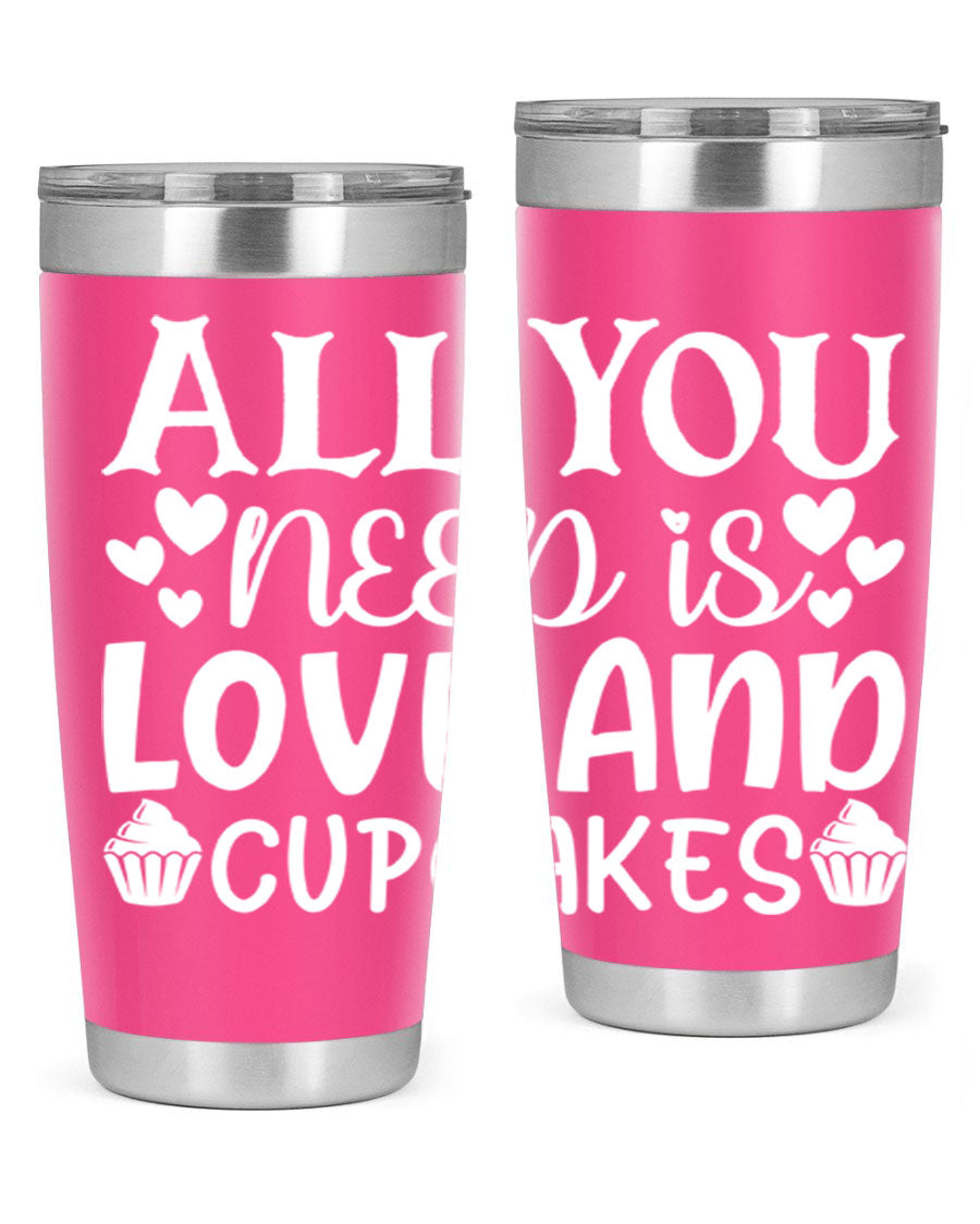 A stylish 'All You Need Is Love and Cupcakes' tumbler in stainless steel, featuring a vibrant design, perfect for hot and cold beverages.