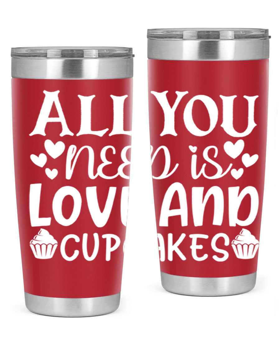 A stylish 'All You Need Is Love and Cupcakes' tumbler in stainless steel, featuring a vibrant design, perfect for hot and cold beverages.