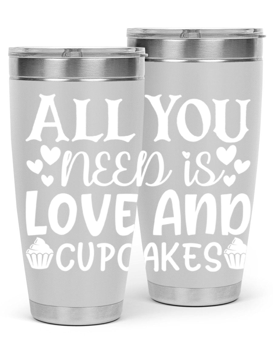 A stylish 'All You Need Is Love and Cupcakes' tumbler in stainless steel, featuring a vibrant design, perfect for hot and cold beverages.
