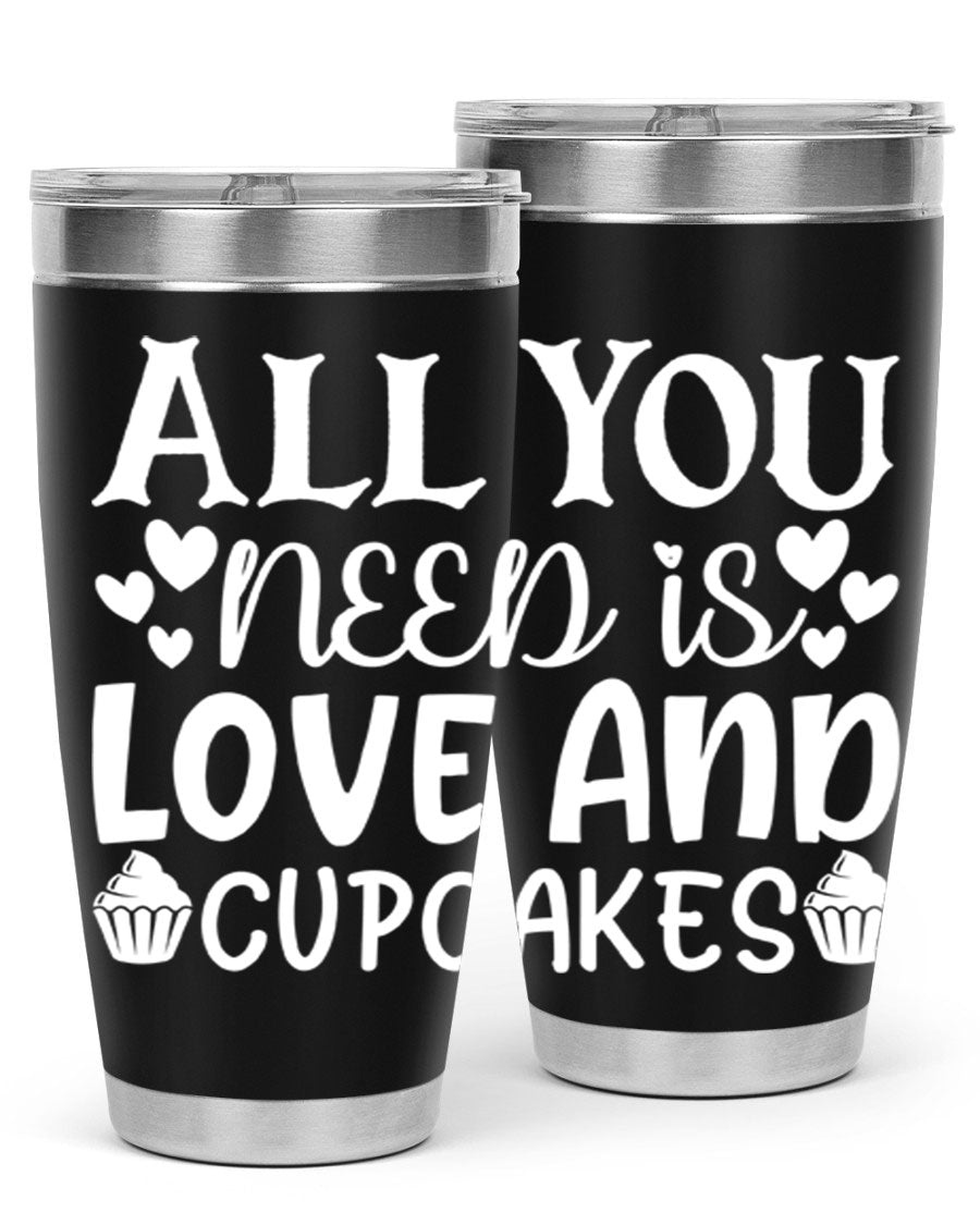 A stylish 'All You Need Is Love and Cupcakes' tumbler in stainless steel, featuring a vibrant design, perfect for hot and cold beverages.