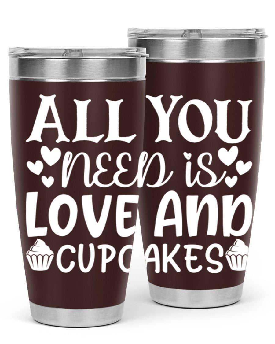 A stylish 'All You Need Is Love and Cupcakes' tumbler in stainless steel, featuring a vibrant design, perfect for hot and cold beverages.
