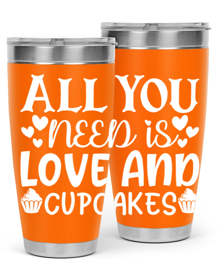 A stylish 'All You Need Is Love and Cupcakes' tumbler in stainless steel, featuring a vibrant design, perfect for hot and cold beverages.
