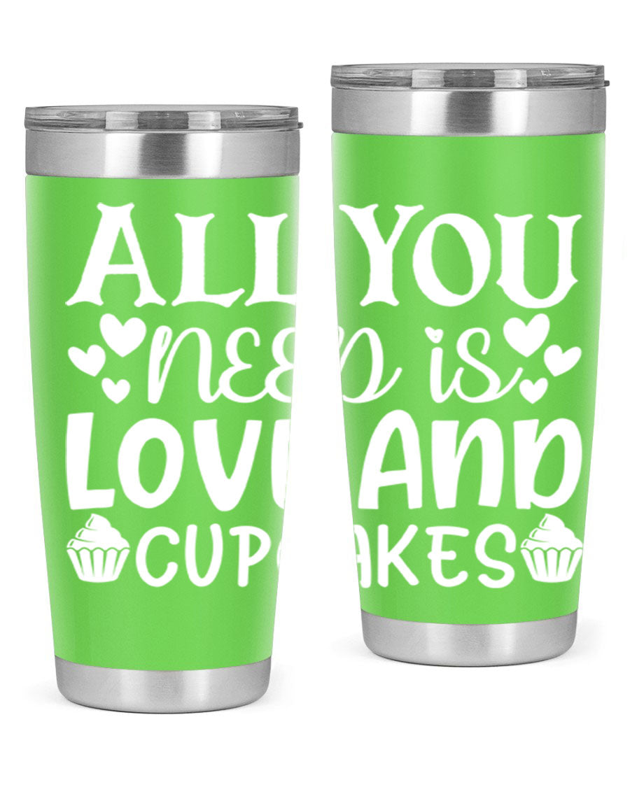 A stylish 'All You Need Is Love and Cupcakes' tumbler in stainless steel, featuring a vibrant design, perfect for hot and cold beverages.