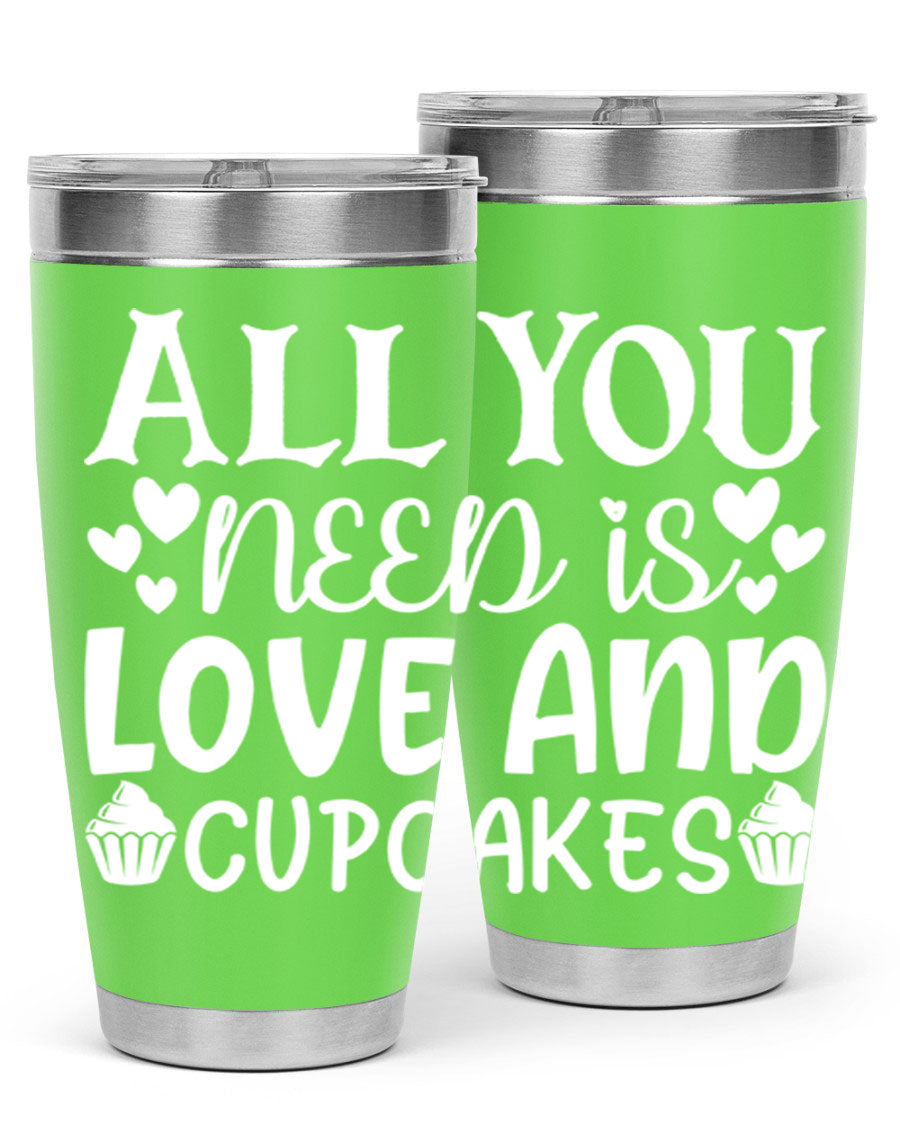 A stylish 'All You Need Is Love and Cupcakes' tumbler in stainless steel, featuring a vibrant design, perfect for hot and cold beverages.
