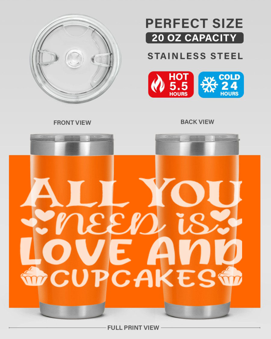 A stylish 'All You Need Is Love and Cupcakes' tumbler in stainless steel, featuring a vibrant design, perfect for hot and cold beverages.