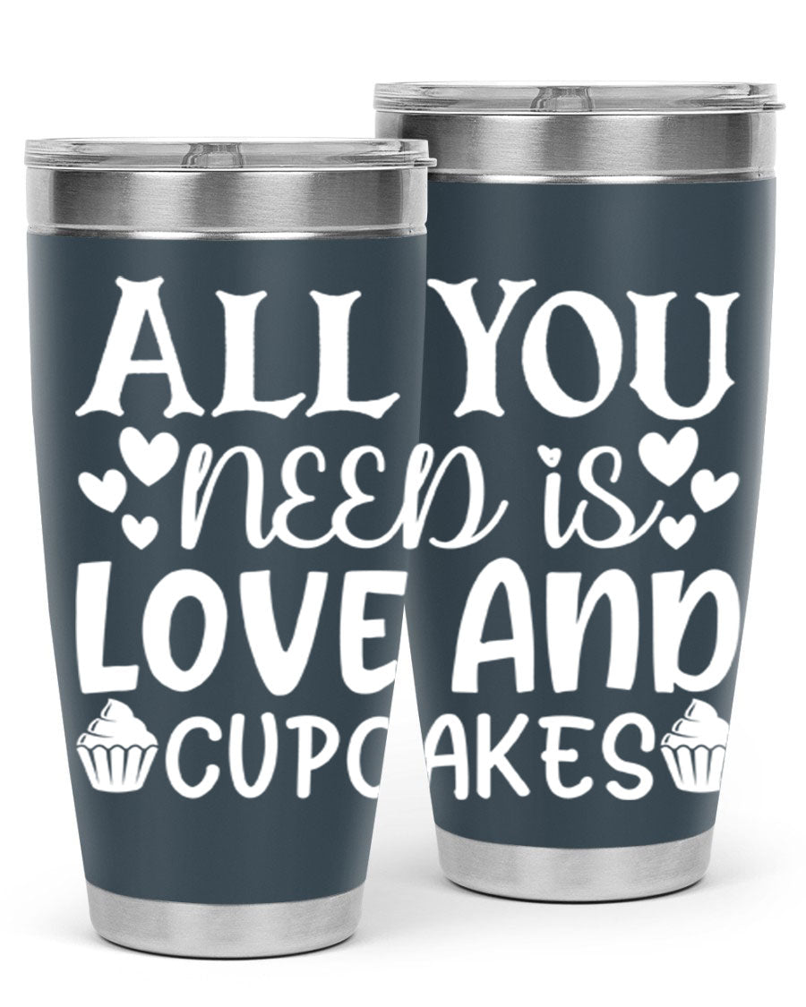 A stylish 'All You Need Is Love and Cupcakes' tumbler in stainless steel, featuring a vibrant design, perfect for hot and cold beverages.