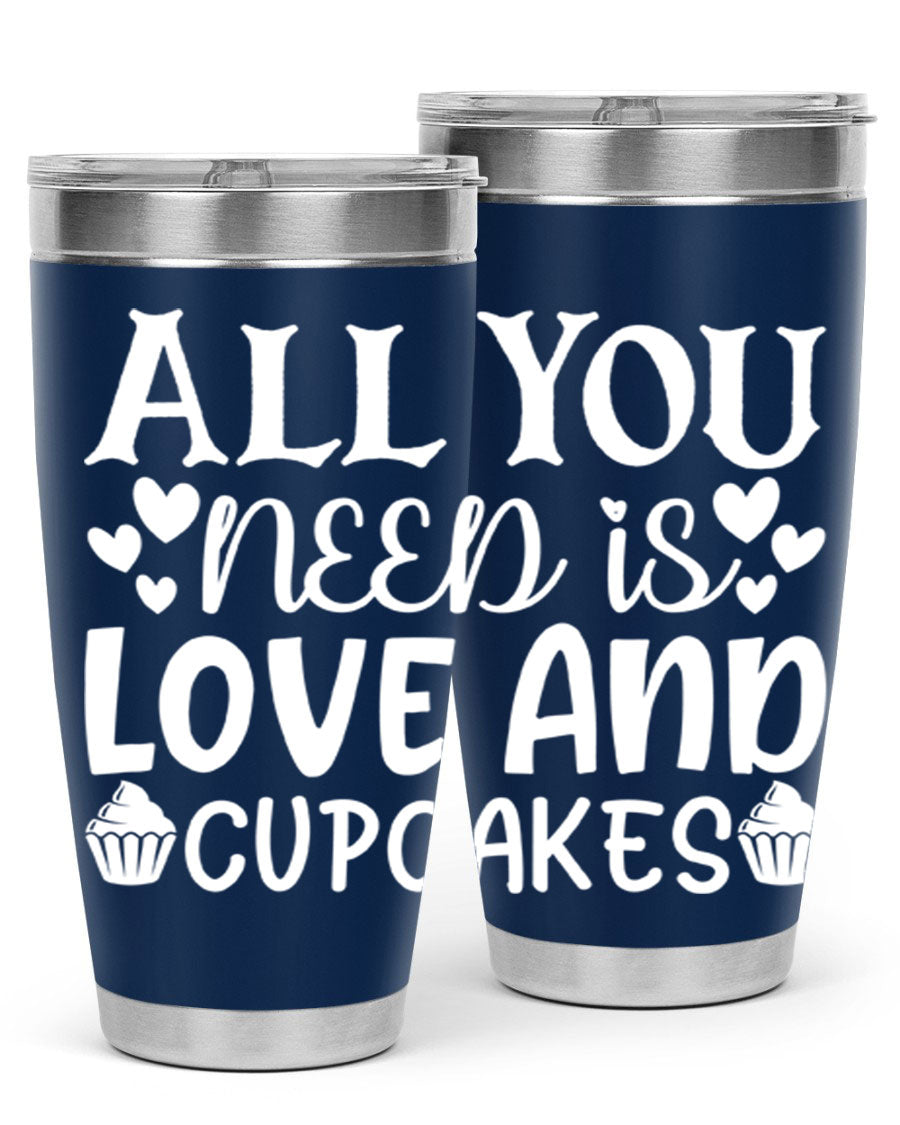 A stylish 'All You Need Is Love and Cupcakes' tumbler in stainless steel, featuring a vibrant design, perfect for hot and cold beverages.
