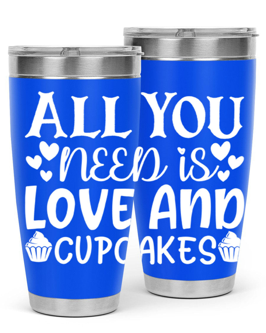 A stylish 'All You Need Is Love and Cupcakes' tumbler in stainless steel, featuring a vibrant design, perfect for hot and cold beverages.