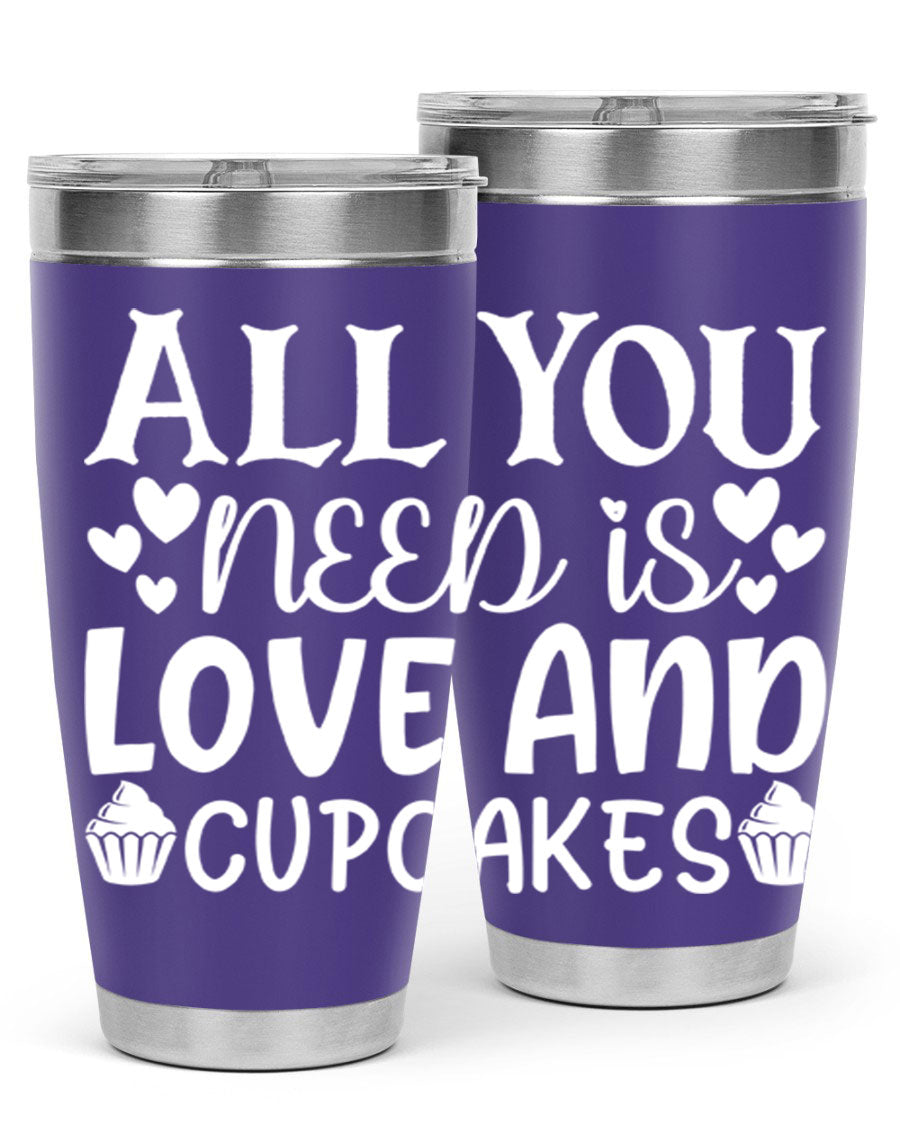 A stylish 'All You Need Is Love and Cupcakes' tumbler in stainless steel, featuring a vibrant design, perfect for hot and cold beverages.