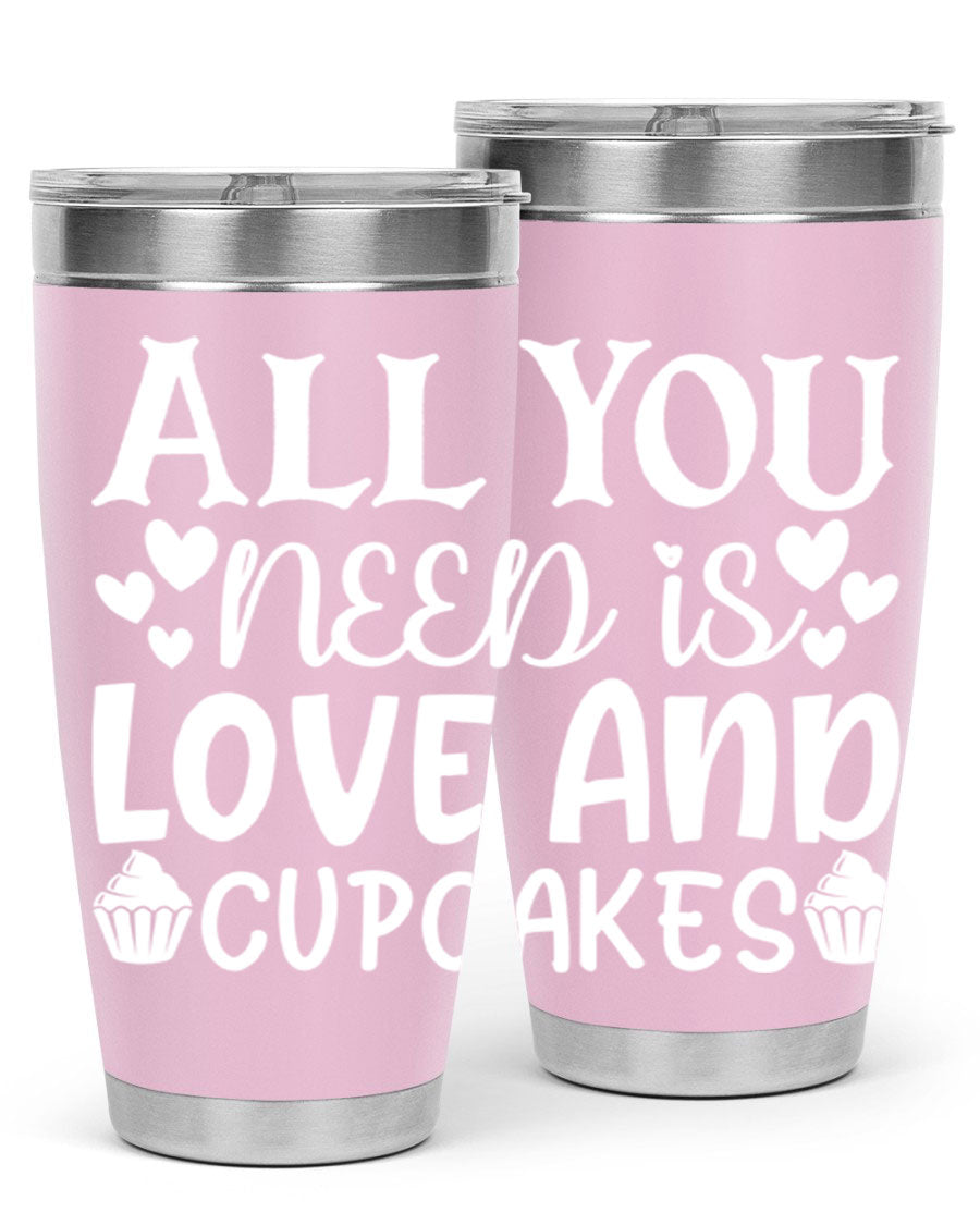 A stylish 'All You Need Is Love and Cupcakes' tumbler in stainless steel, featuring a vibrant design, perfect for hot and cold beverages.