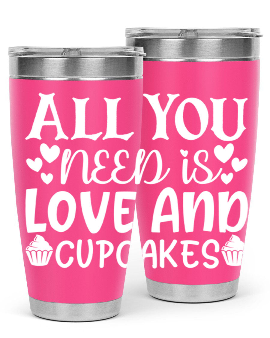 A stylish 'All You Need Is Love and Cupcakes' tumbler in stainless steel, featuring a vibrant design, perfect for hot and cold beverages.