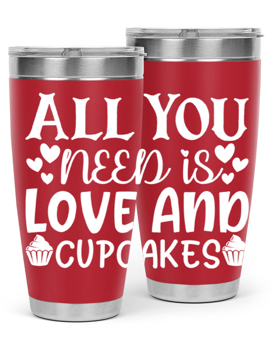 A stylish 'All You Need Is Love and Cupcakes' tumbler in stainless steel, featuring a vibrant design, perfect for hot and cold beverages.