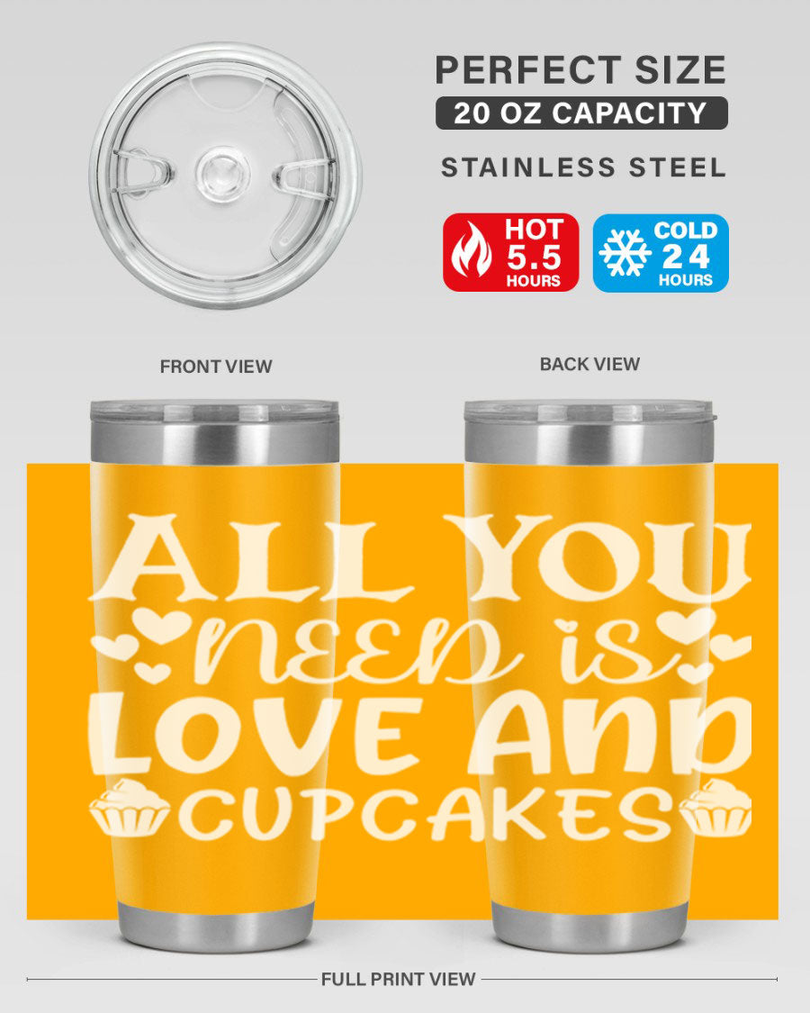 A stylish 'All You Need Is Love and Cupcakes' tumbler in stainless steel, featuring a vibrant design, perfect for hot and cold beverages.