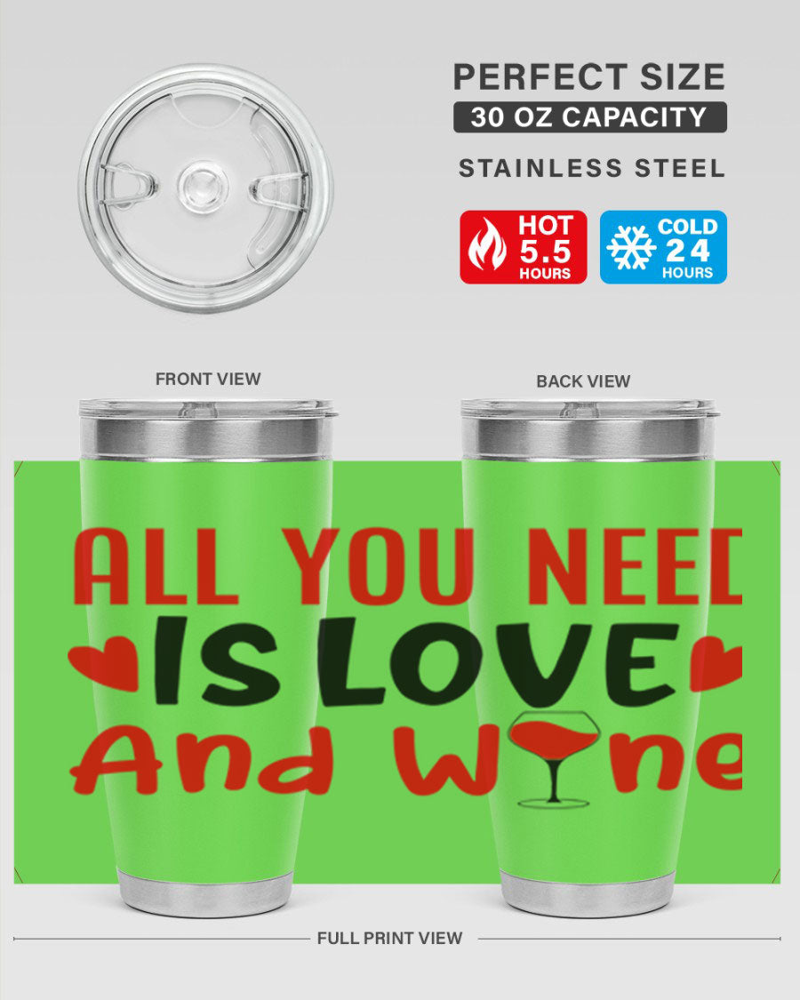 A stylish 'All You Need Is Love and Wine' tumbler in stainless steel, featuring a charming design perfect for Valentine's Day.