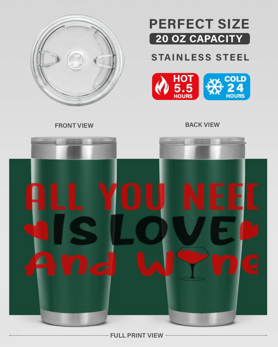 A stylish 'All You Need Is Love and Wine' tumbler in stainless steel, featuring a charming design perfect for Valentine's Day.