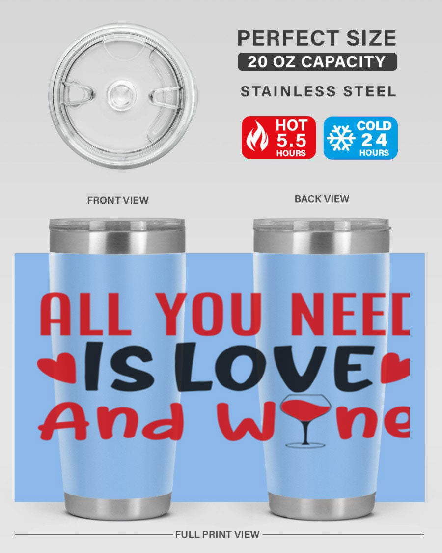 A stylish 'All You Need Is Love and Wine' tumbler in stainless steel, featuring a charming design perfect for Valentine's Day.